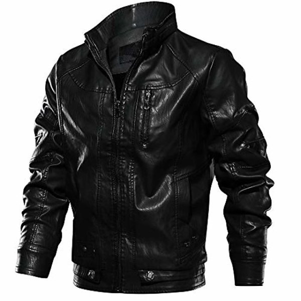 Men Classic Police Style Leather Multi Pocket Windbreaker Motorbike Leather Jacket Black
