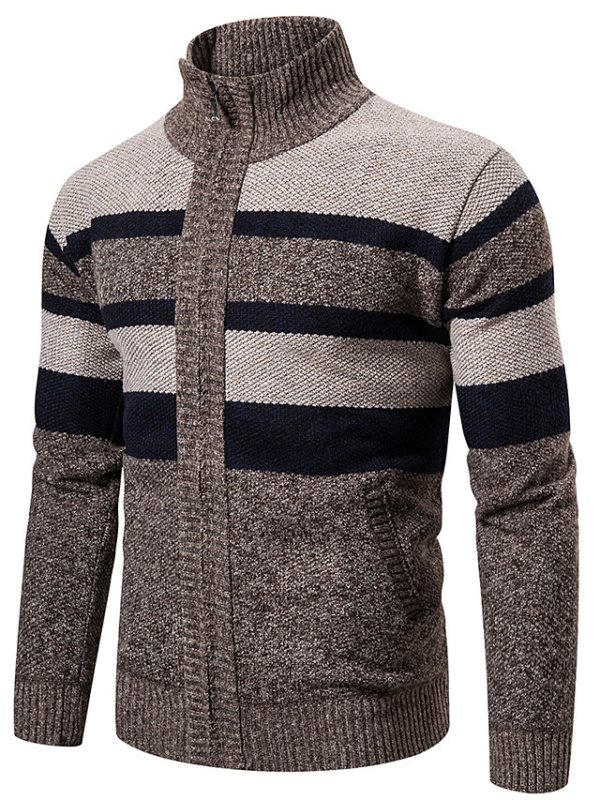 Mens Casual Slim Fit Cardigan Stripe Sweater Long Sleeve Turtleneck Knitted Pullover Zipper Closure Gray