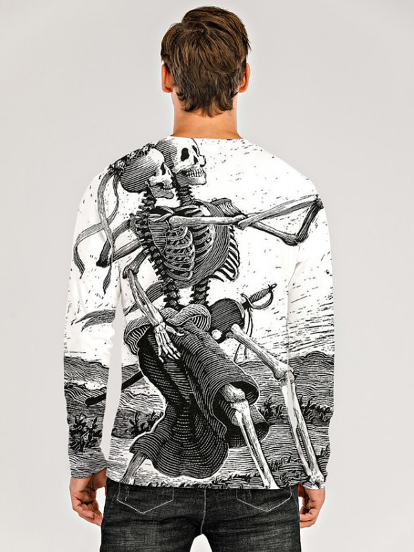 Men'S 3D Graphic Skull T-Shirt Print Long Sleeve Daily Tops White